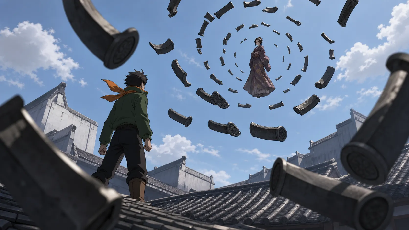 宙に浮かぶ屋根瓦の螺旋