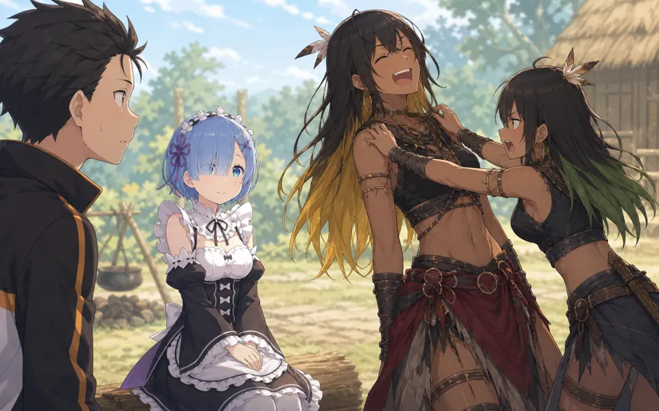 じゃれ合うホーリィとクーナを、スバルとレムが見守る